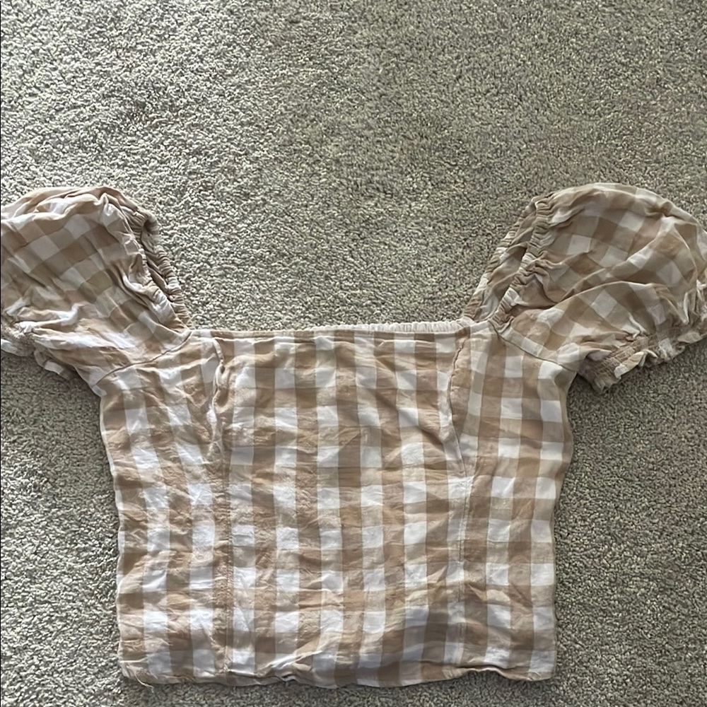 Women's Beige Checkered Puff Sleeve Top